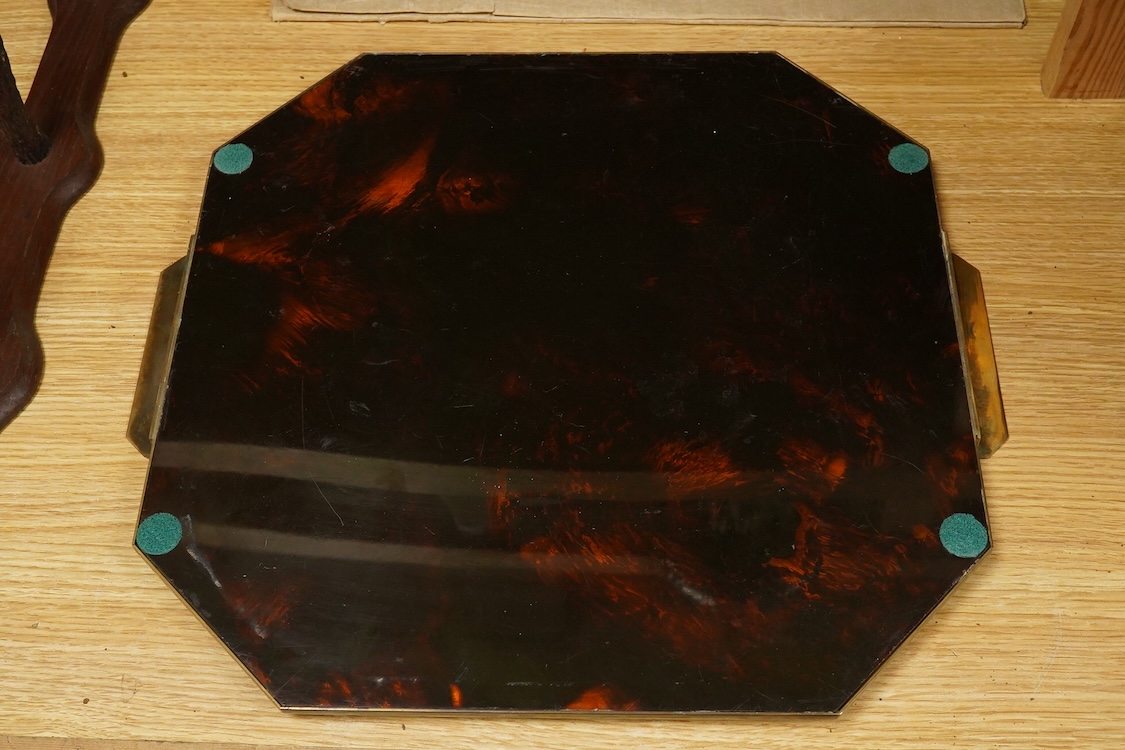 An Art Deco style silver plated two handled tray with faux tortoiseshell interior, 42cm